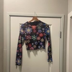 women’s cropped mesh long sleeve top with floral print